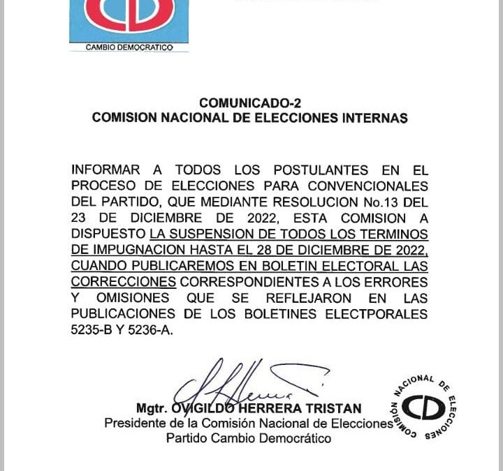 COMUNICADO #2 – COMISIÓN NACIONAL DE ELECCIONES INTERNAS DEL PARTIDO CAMBIO DEMOCRÁTICO